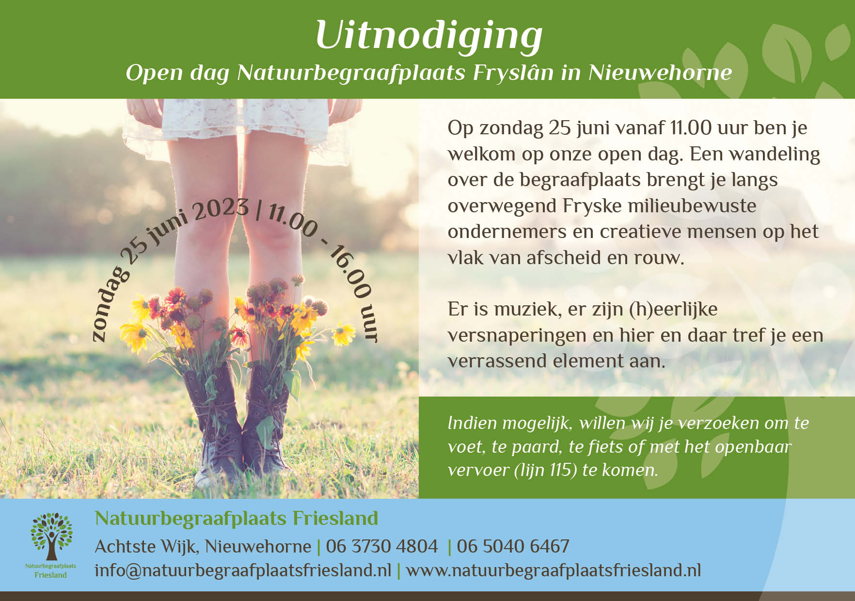 Uitnodiging flyer Open dag zondag 25 juni 2023 Natuurbegraafplaats Fryslân in Nieuwehorne